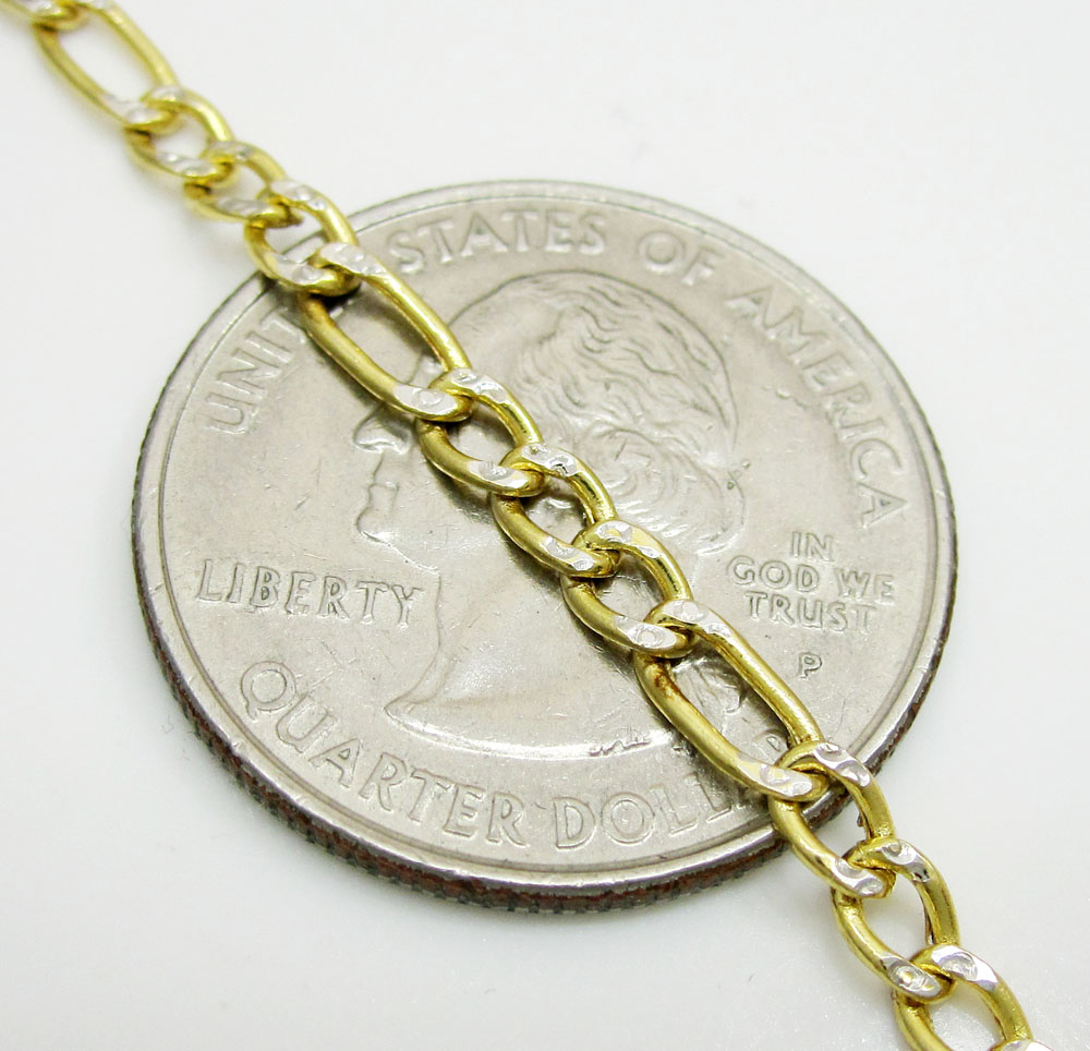 10k yellow gold two tone diamond cut figaro bracelet 8 inch 3.3mm