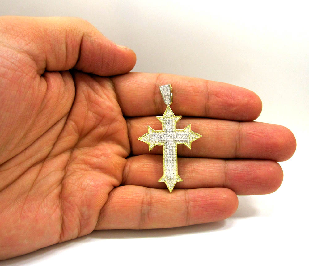 10k yellow gold two tone cross pendant cz 0.25ct