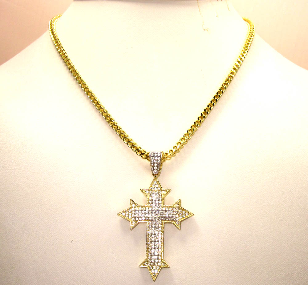 10k yellow gold two tone cross pendant cz 0.25ct