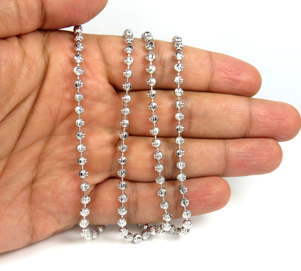 10k white gold moon cut bead link chain 20-30 inch 4mm