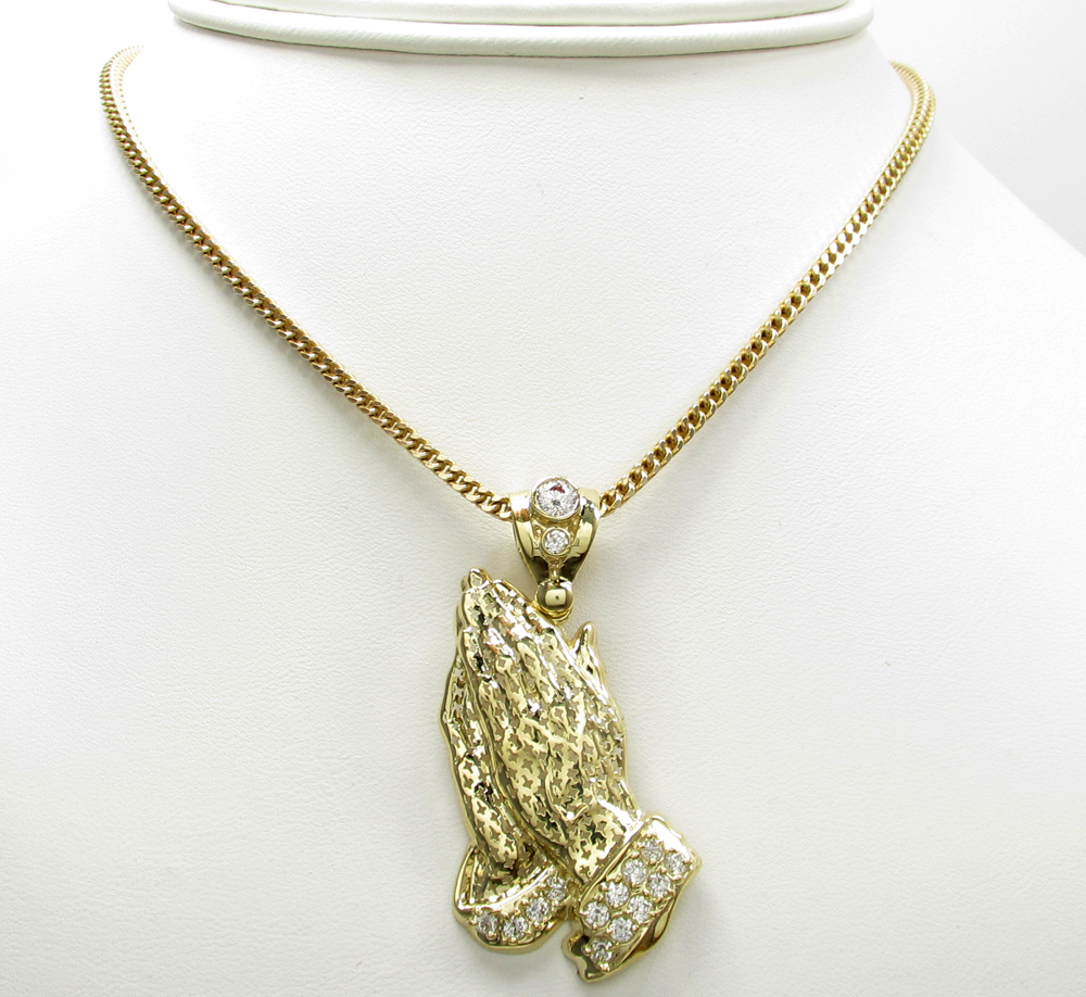 10k yellow gold small cross praying hands pendant 1.50ct