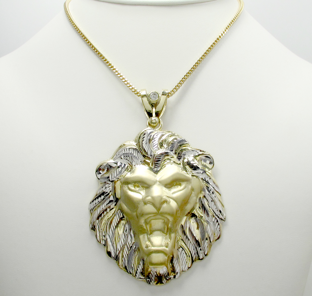 10k yellow gold large two tone lion pendant 0.10ct