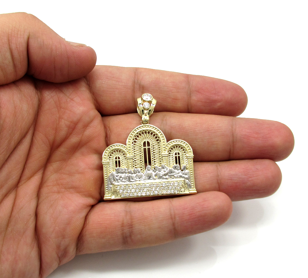 10k yellow gold two tone cz jesus apostles last supper pendant 1.50ct