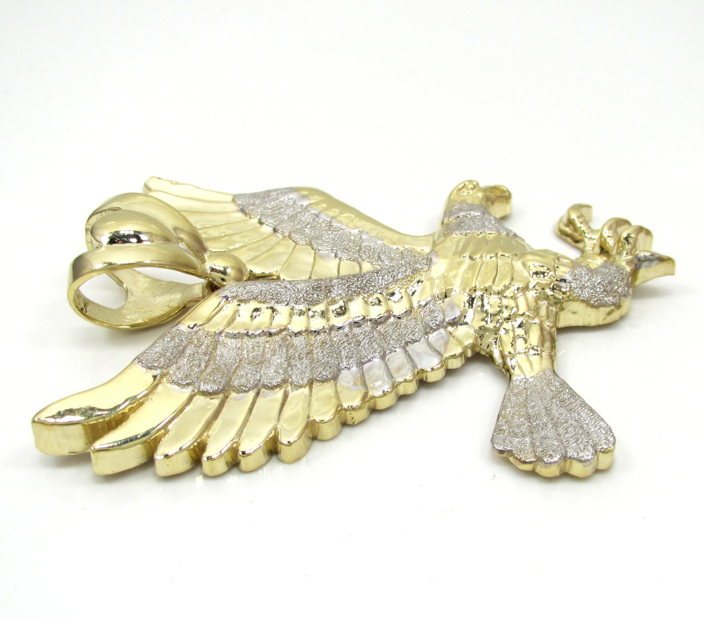 Mens 10k yellow gold two tone flying eagle pendant 