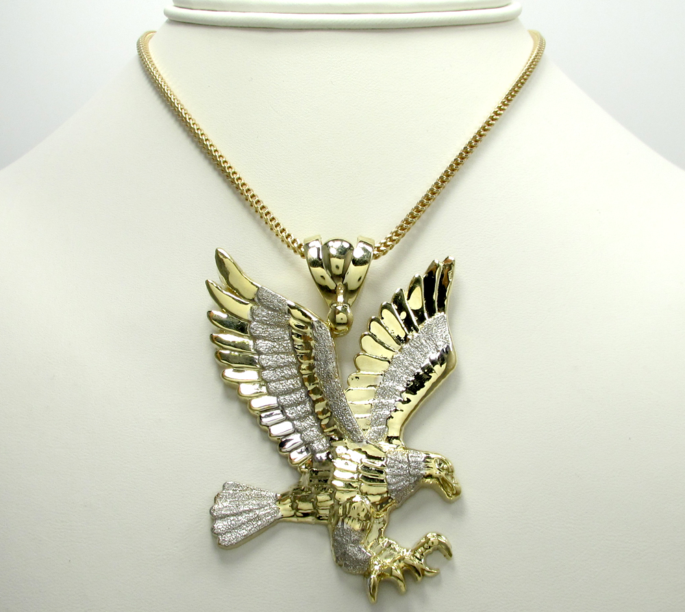 Mens 10k yellow gold two tone flying eagle pendant 