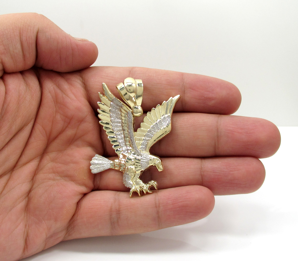 Mens 10k yellow gold medium two tone flying eagle pendant