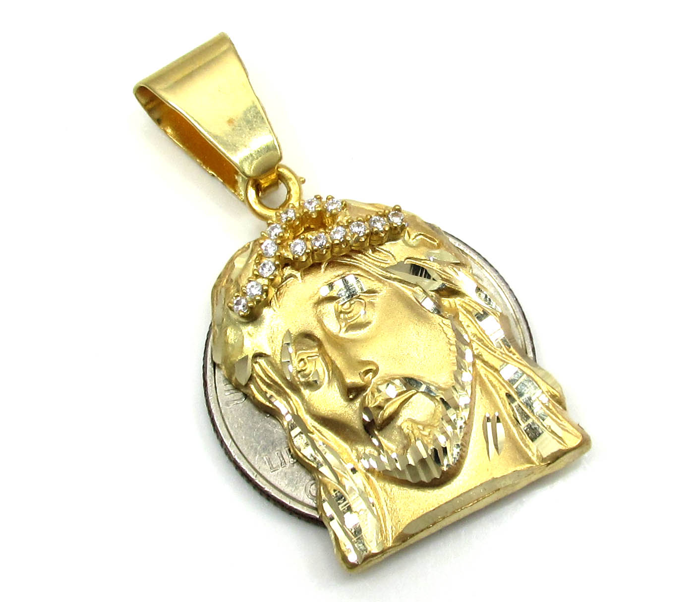 10k yellow gold mini jesus face solid back pendant .28ct - Image 4