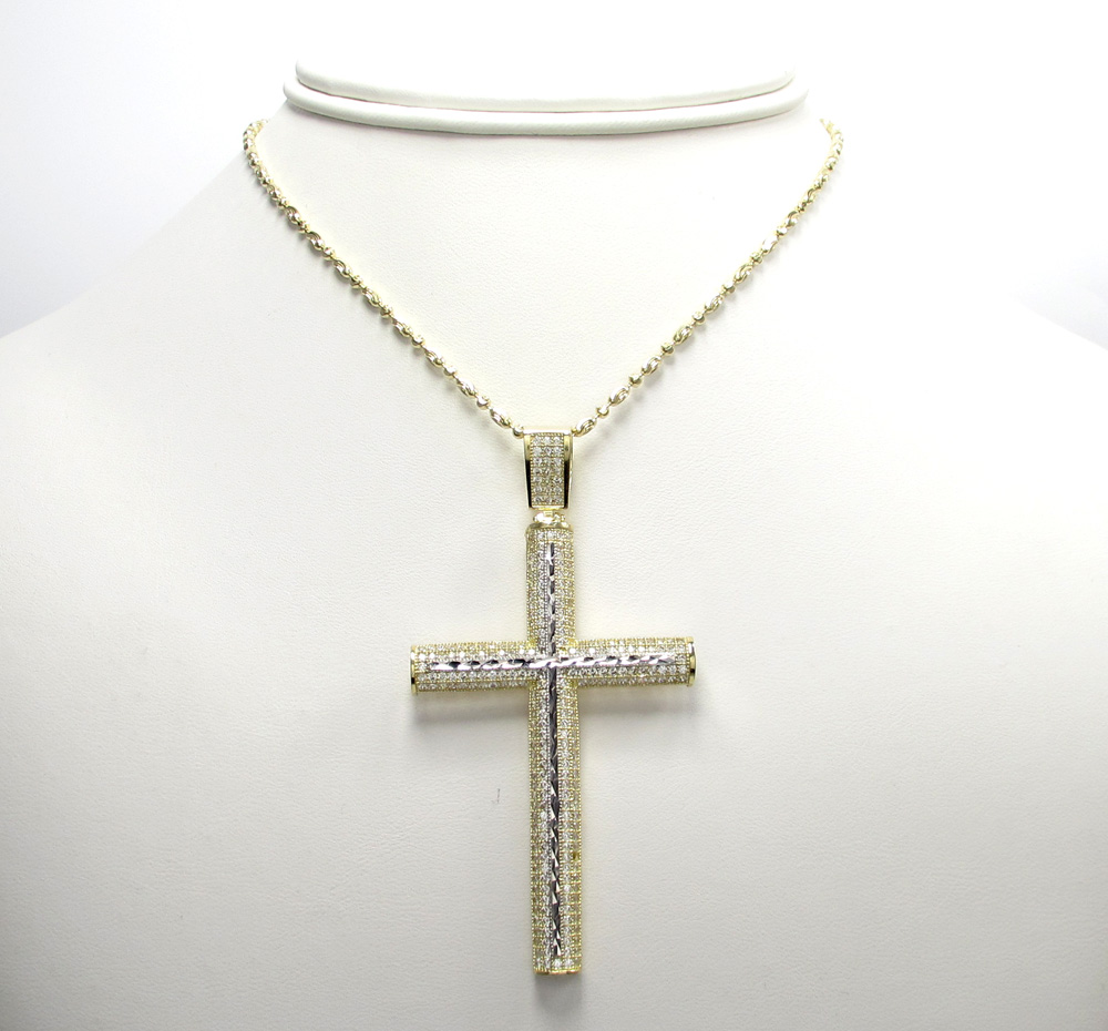 10k yellow gold large two tone cross pendant 1.75ct