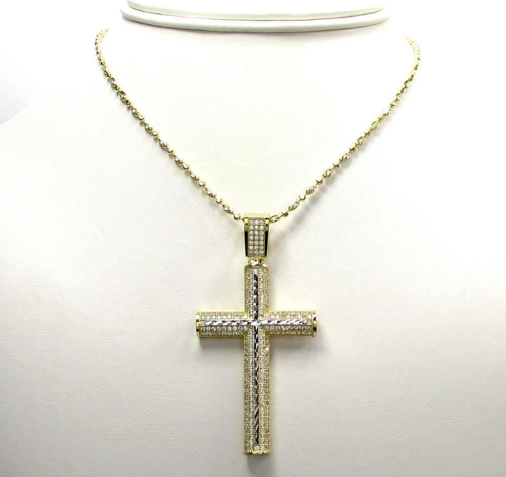 10k yellow gold medium two tone cross pendant 1.60ct