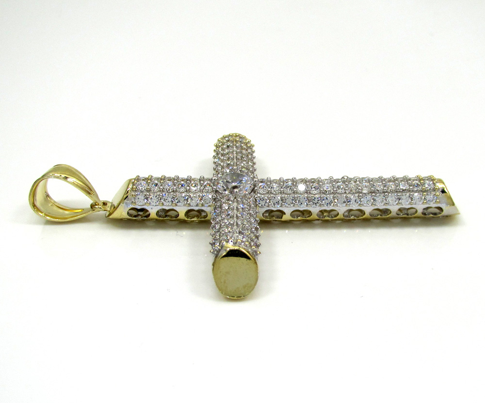 10k yellow gold large two tone tube cross pendant 1.6ct