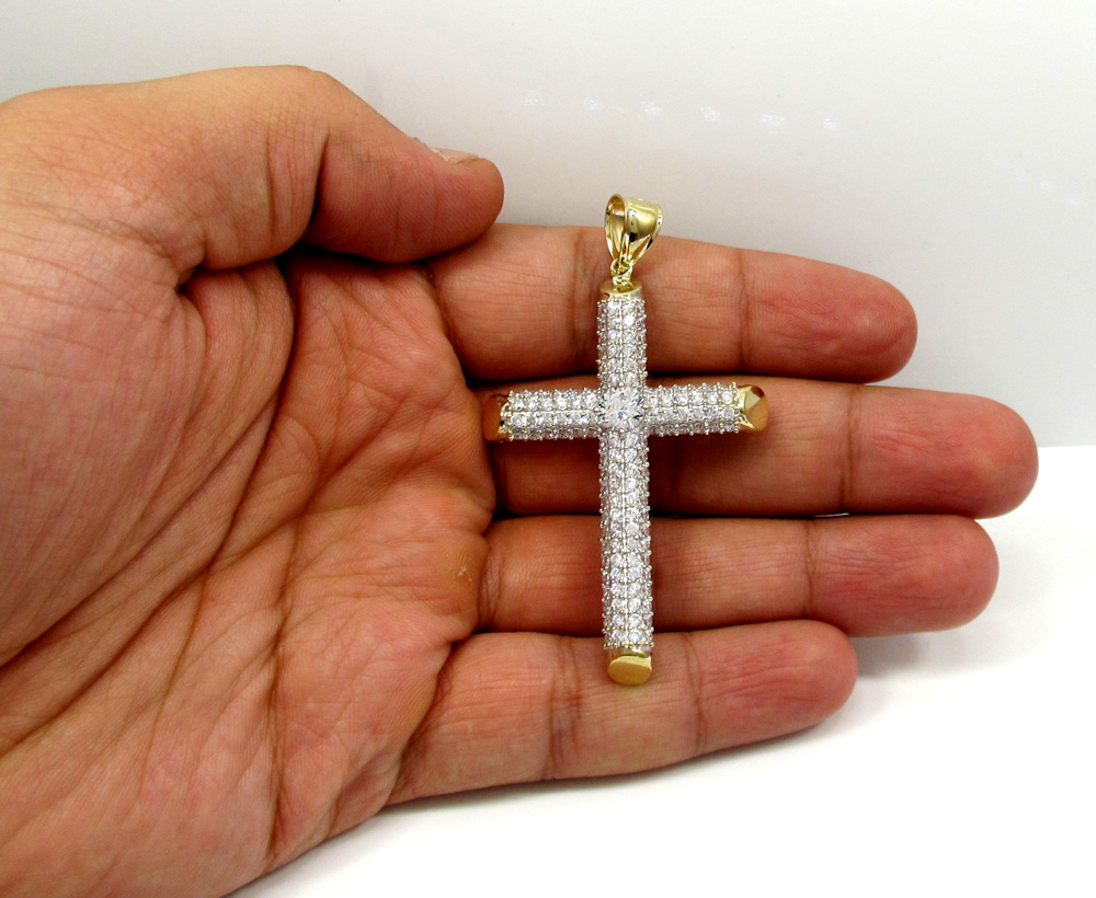 10k yellow gold large two tone tube cross pendant 1.6ct