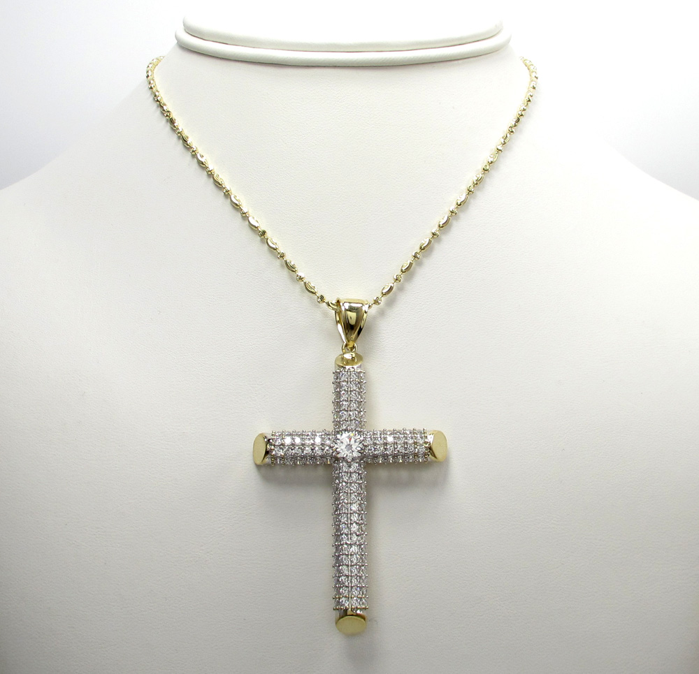 10k yellow gold large two tone tube cross pendant 1.6ct