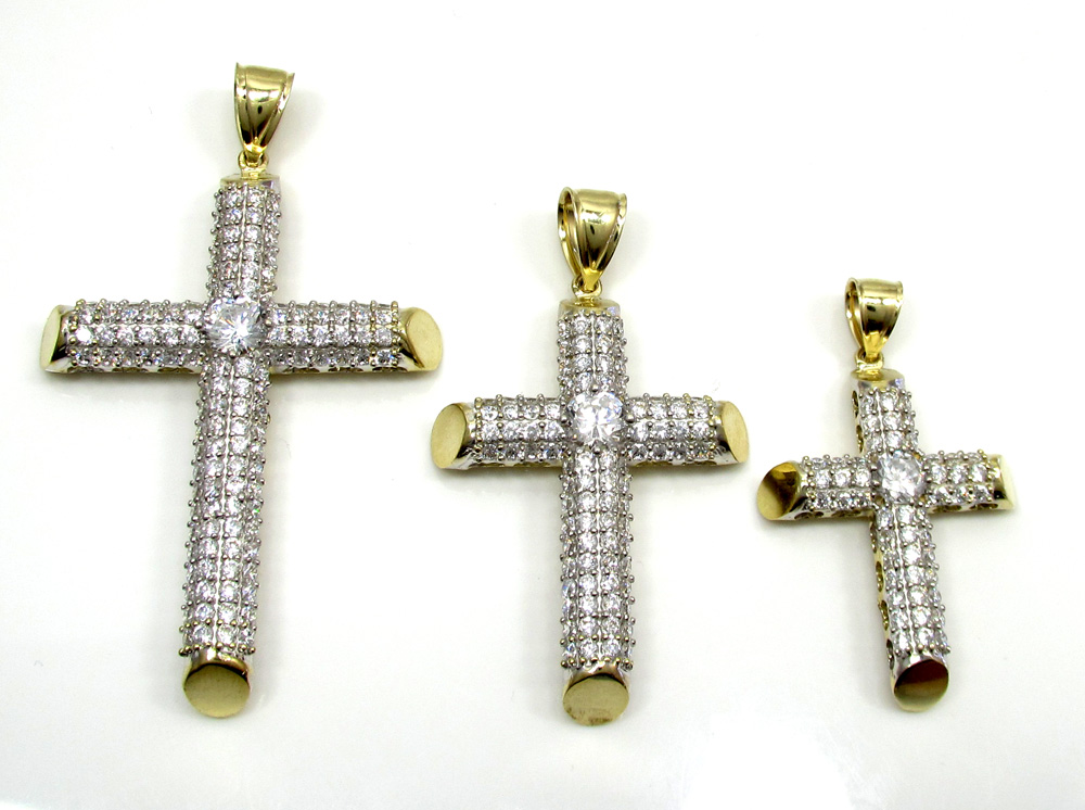 10k yellow gold large two tone tube cross pendant 1.6ct