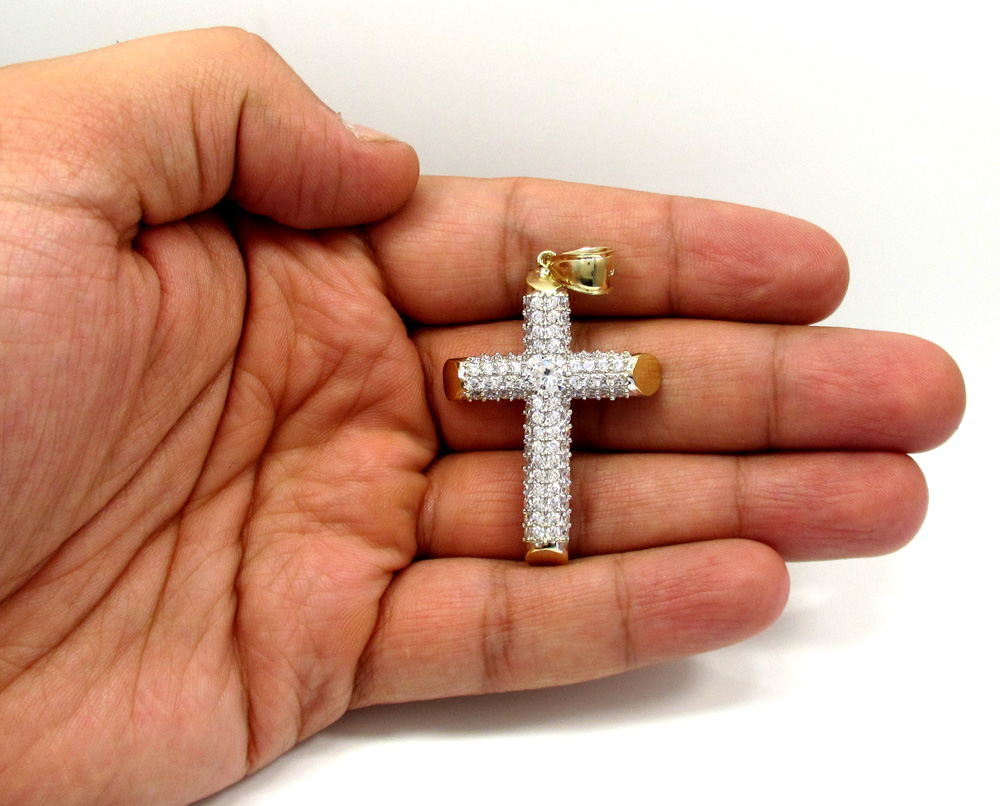 10k yellow gold medium two tone tube cross pendant 1.40ct