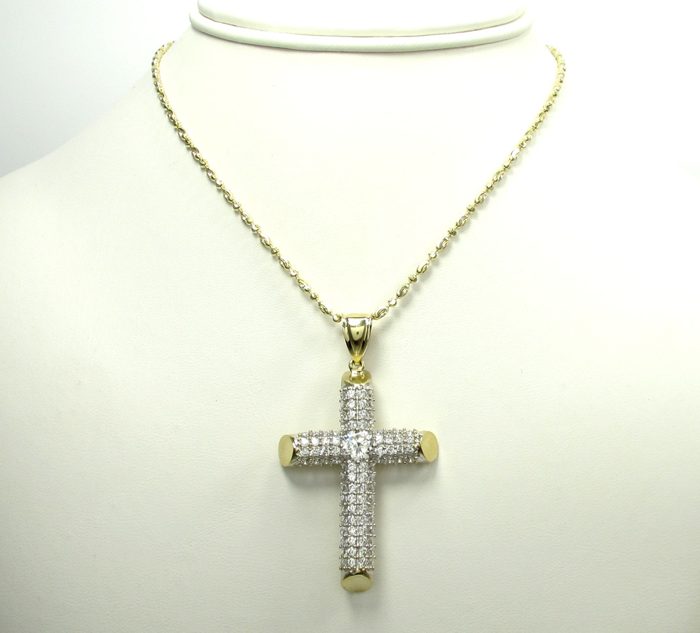 10k yellow gold medium two tone tube cross pendant 1.40ct