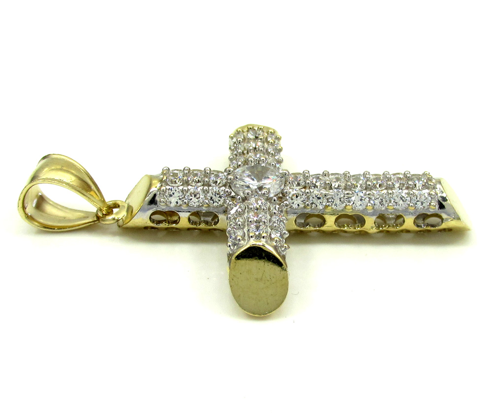 10k yellow gold small two tone tube cross pendant 1.2ct - Image 2