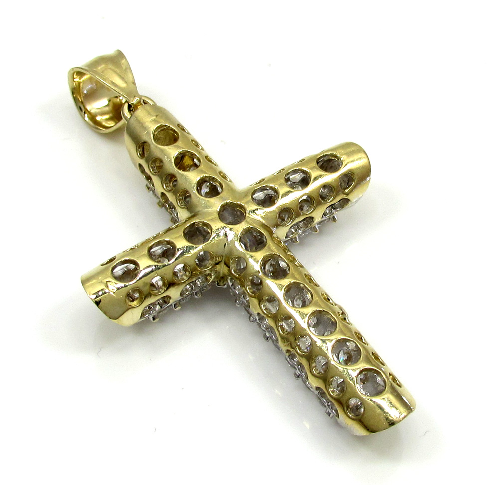10k yellow gold small two tone tube cross pendant 1.2ct