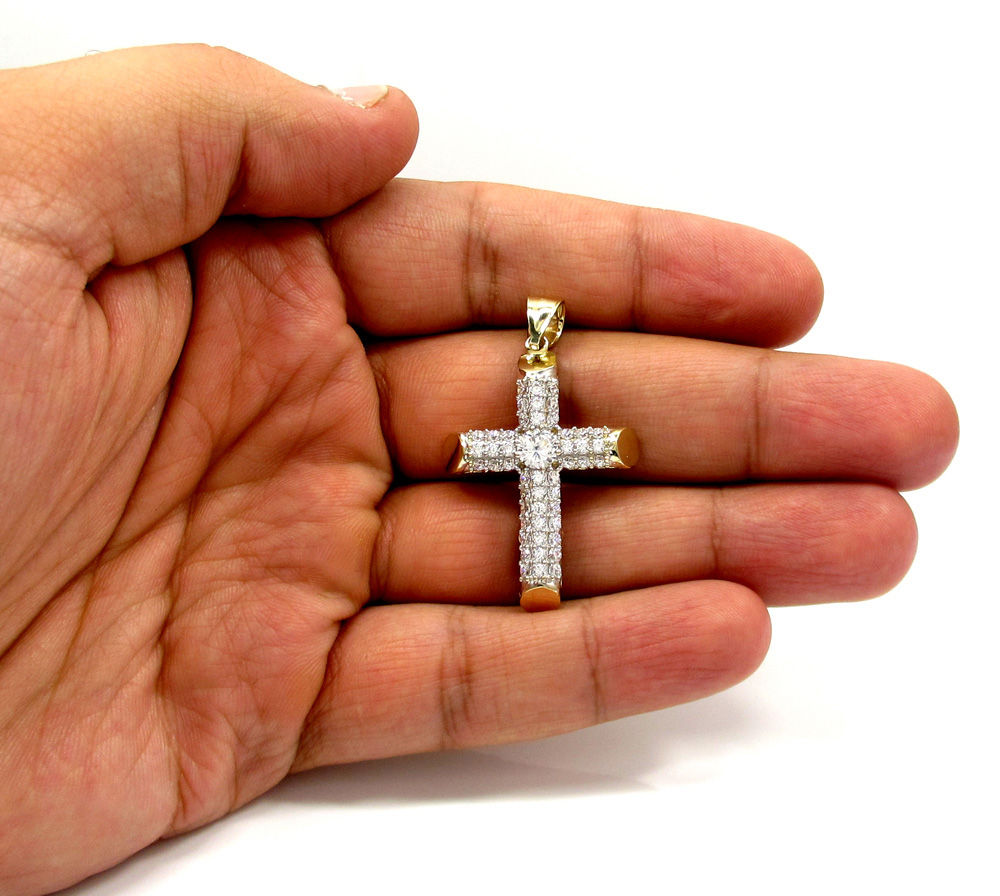 10k yellow gold small two tone tube cross pendant 1.2ct