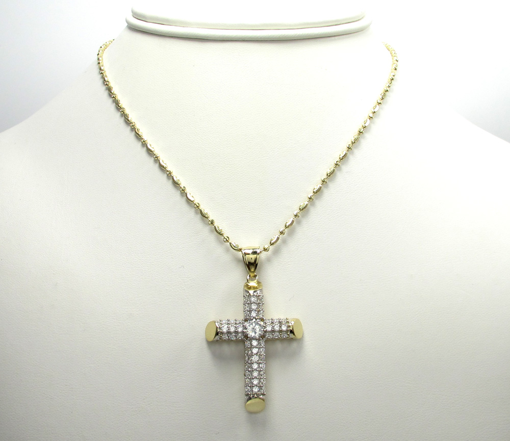 10k yellow gold small two tone tube cross pendant 1.2ct