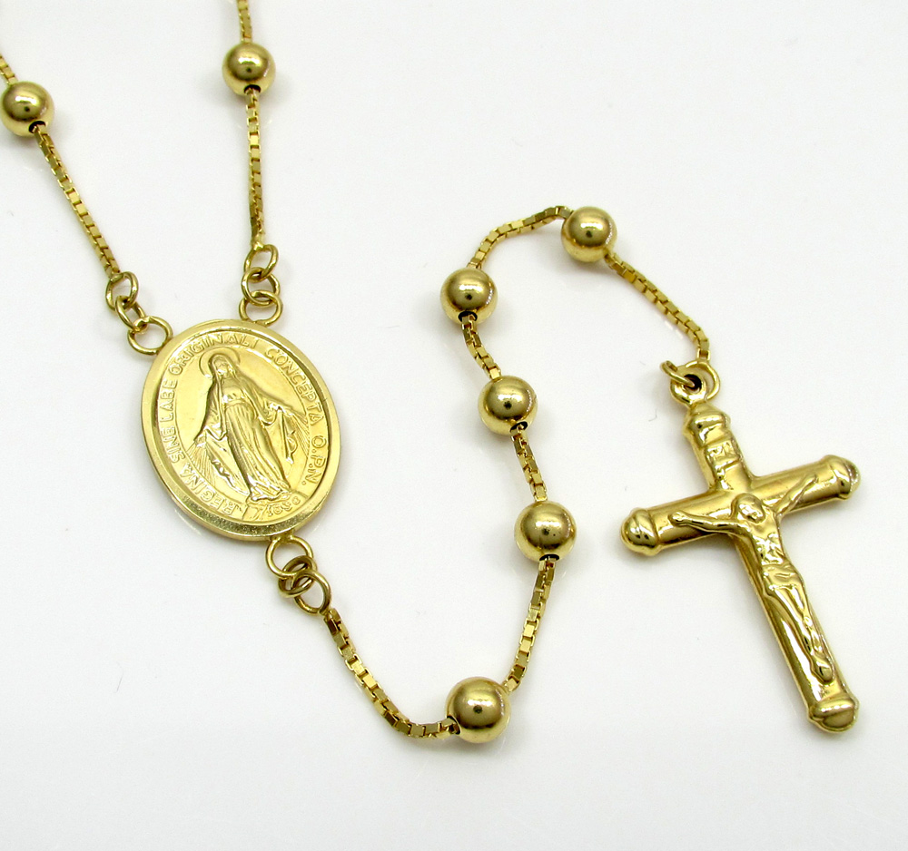 14k Yellow Gold Smooth Bead Jesus Cross Rosary 36 Inch 4mm