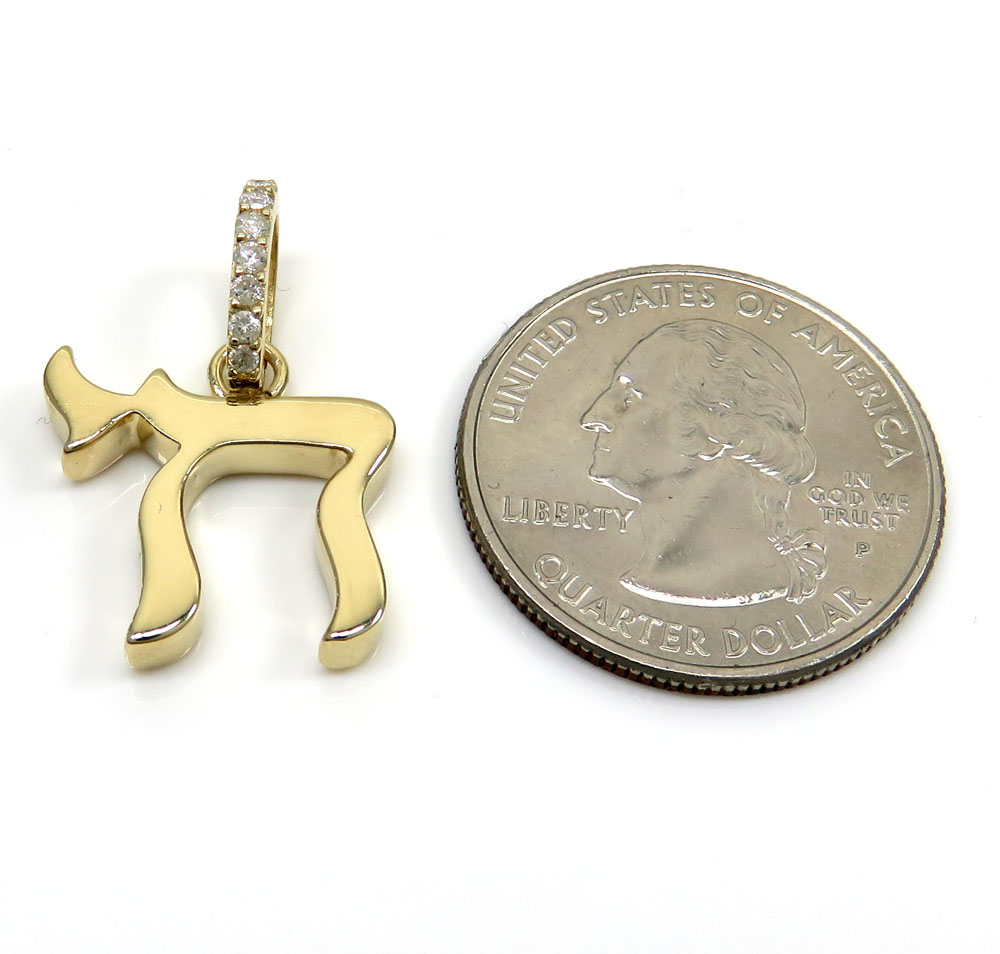 14k yellow gold 3d solid jewish chai pendant .09ct