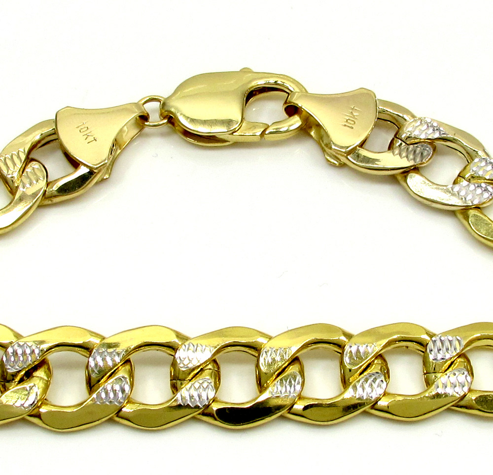 10k yellow gold thick diamond cut two tone cuban bracelet 9 inch 11mm - Image 2