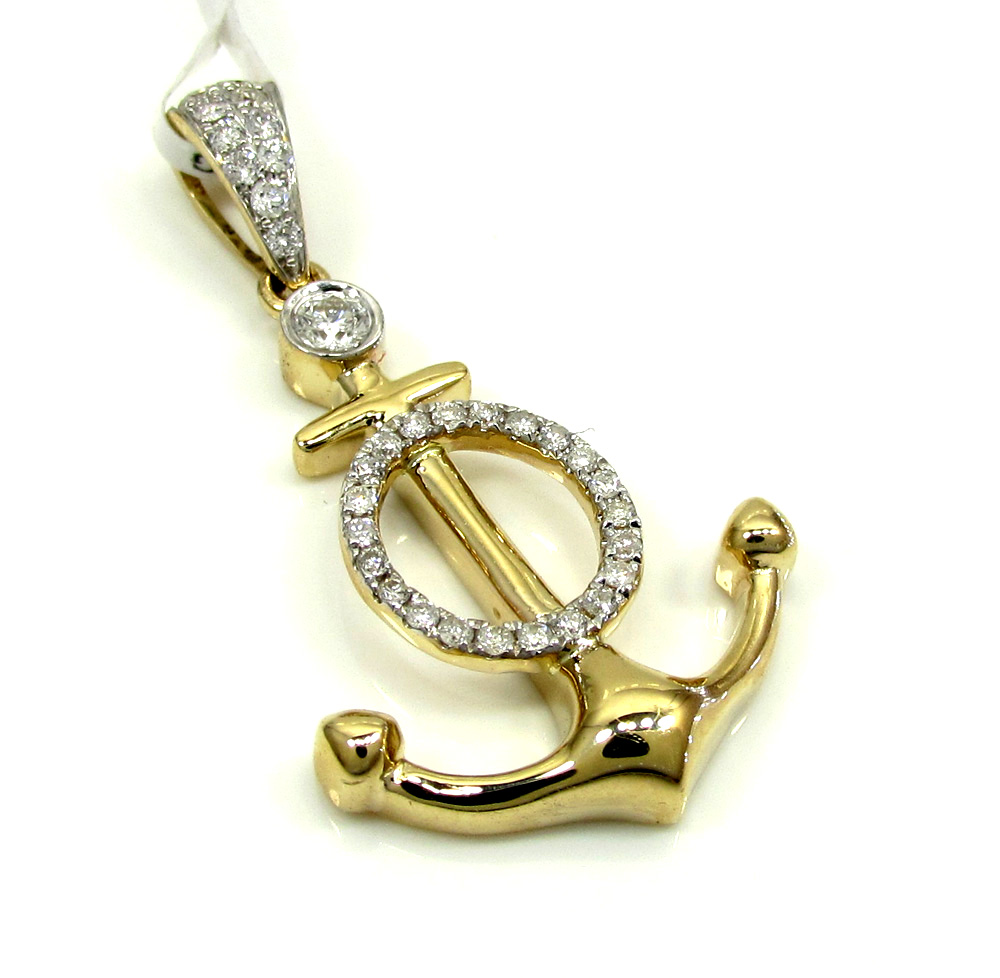 14k yellow and white gold diamond anchor pendant 0.36ct