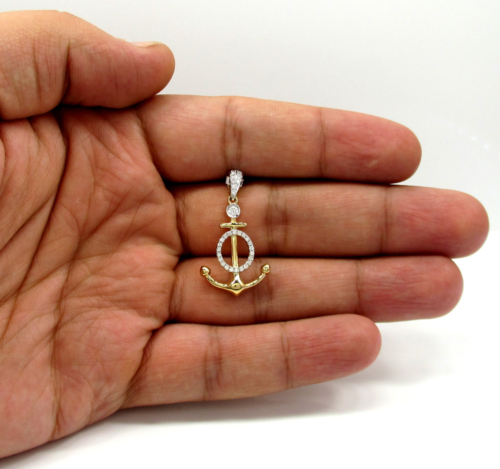 14k yellow and white gold diamond anchor pendant 0.36ct