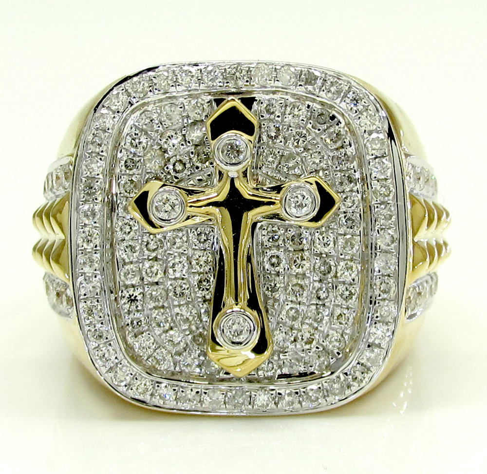 14k yellow and white gold diamond cross ring 1.32ct