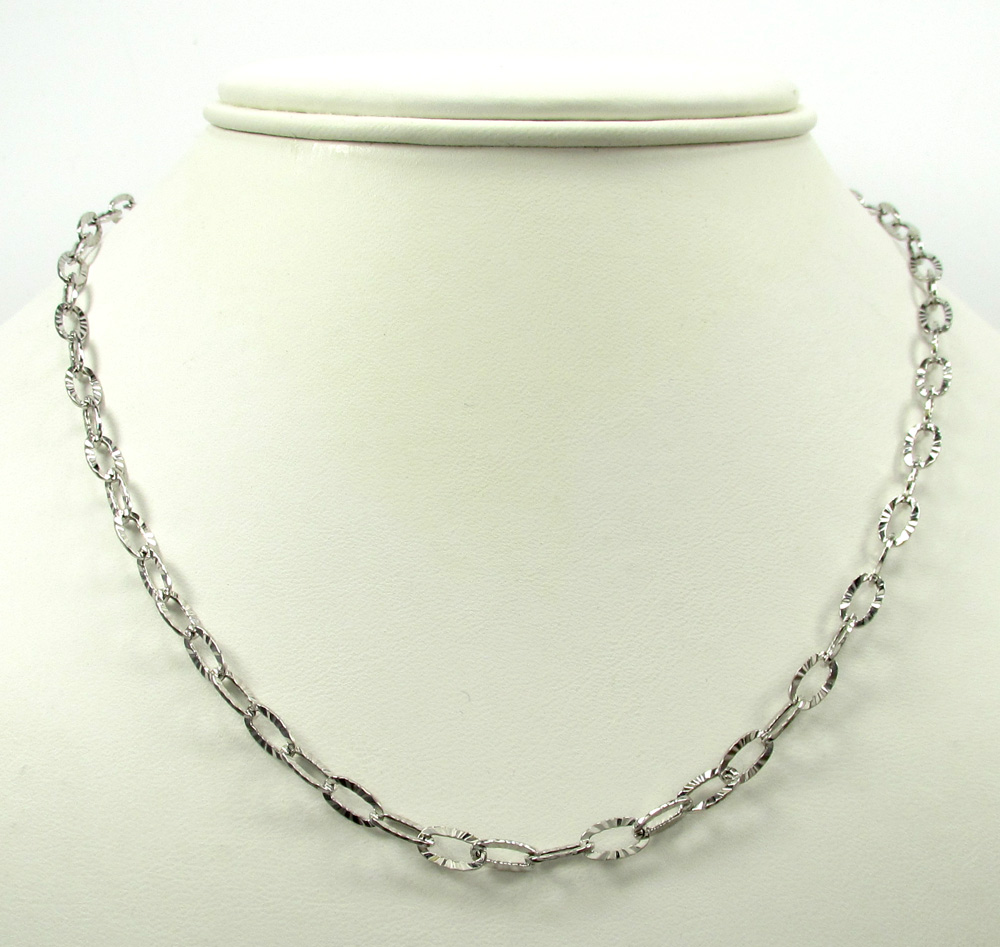 14k white gold fancy hollow diamond cut oval box chain 16-20
