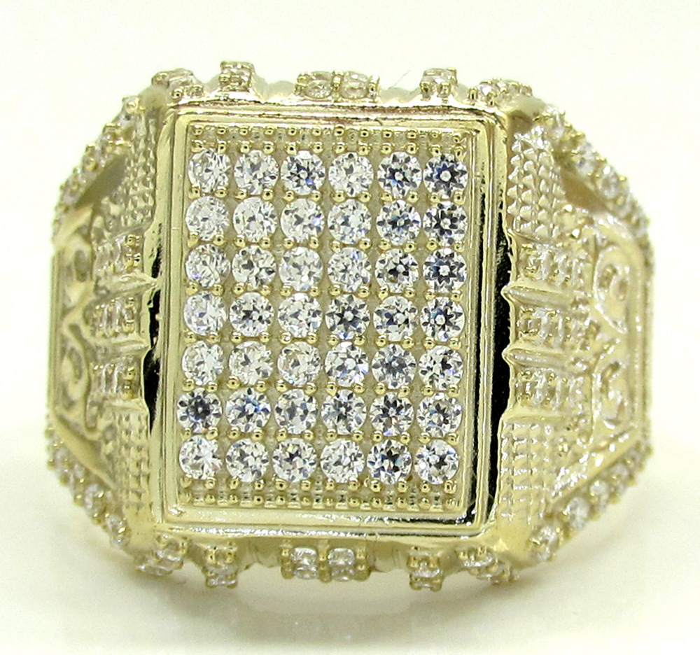 Mens 10k yellow gold cz iced column ring 1.10ct