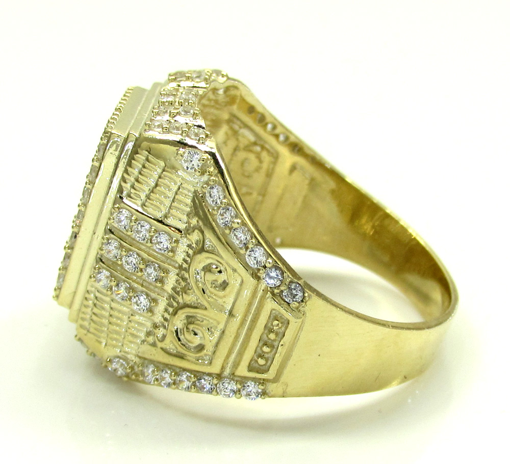 Mens 10k yellow gold cz iced column ring 1.10ct