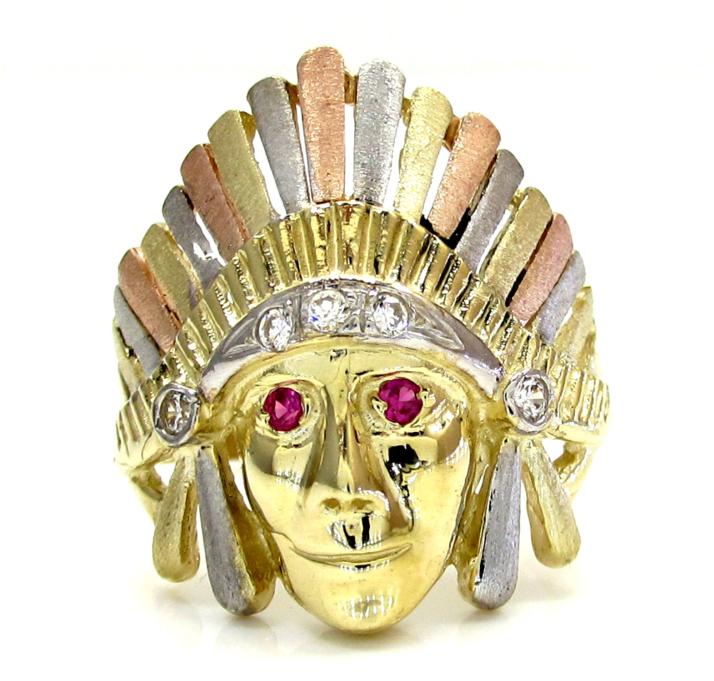 14k yellow gold cz three tone indian chief ring 0.25ct