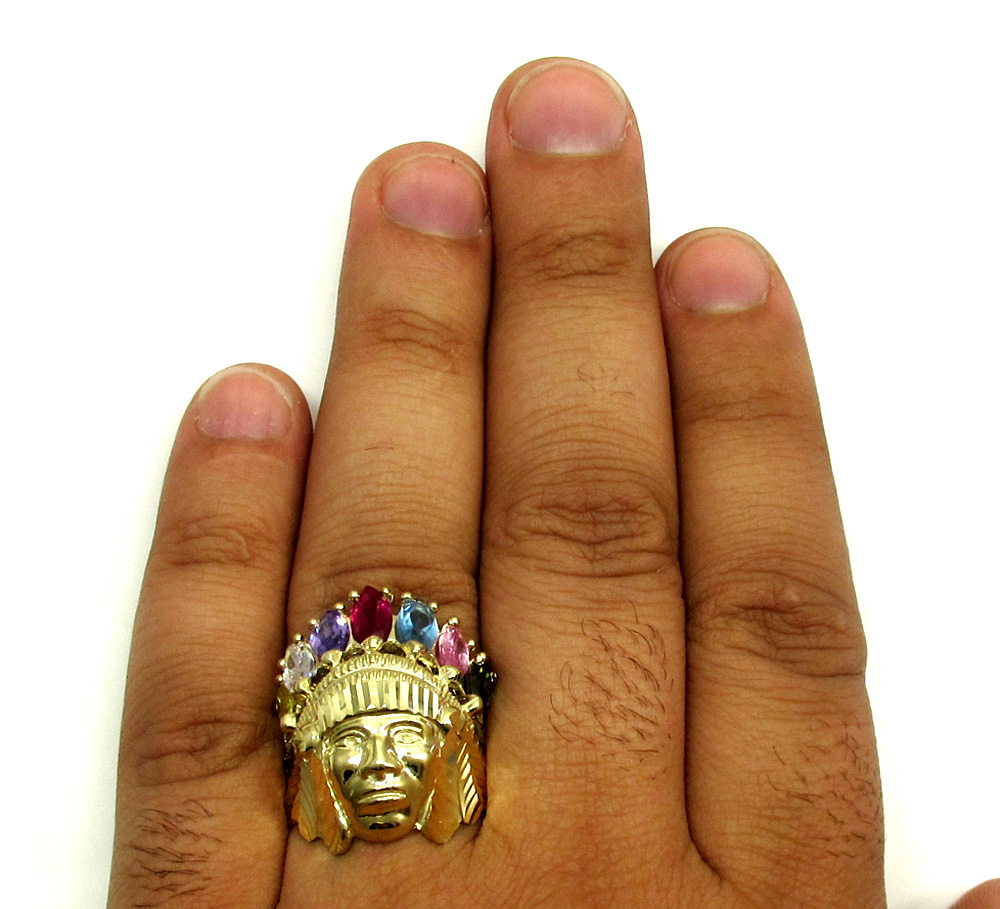 Mens 10k yellow gold multi cz large ruby indian chief ring 