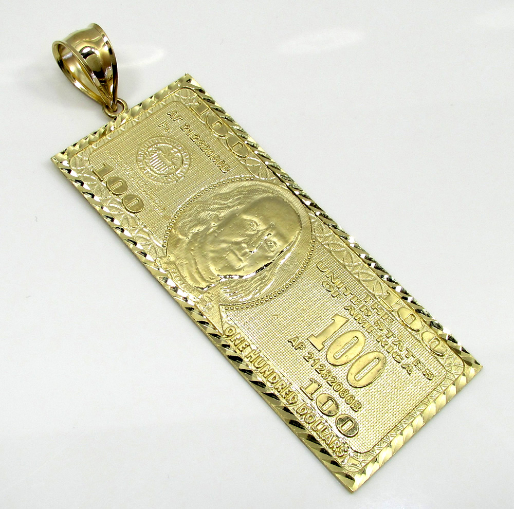 10k yellow gold large hundred dollar bill plate large pendant 