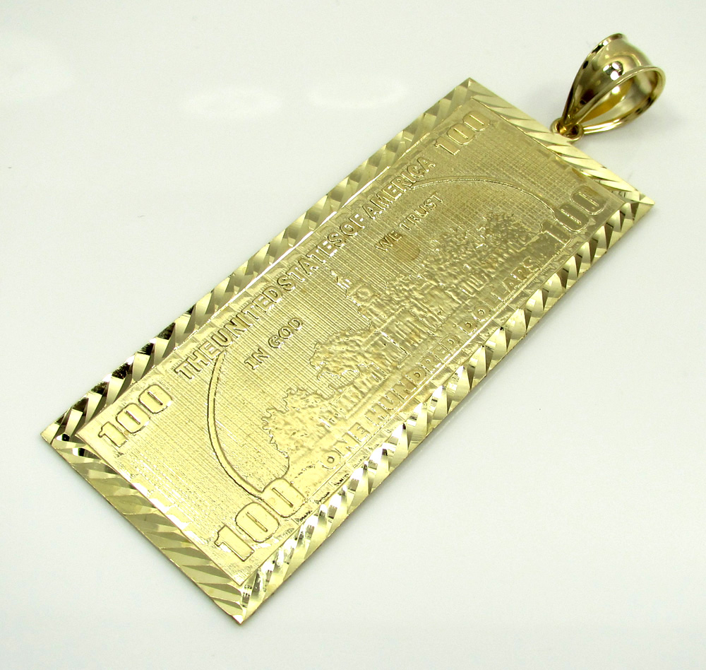 10k yellow gold large hundred dollar bill plate large pendant 