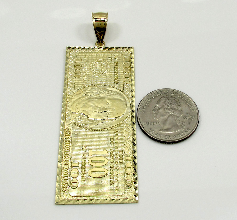 10k yellow gold large hundred dollar bill plate large pendant 