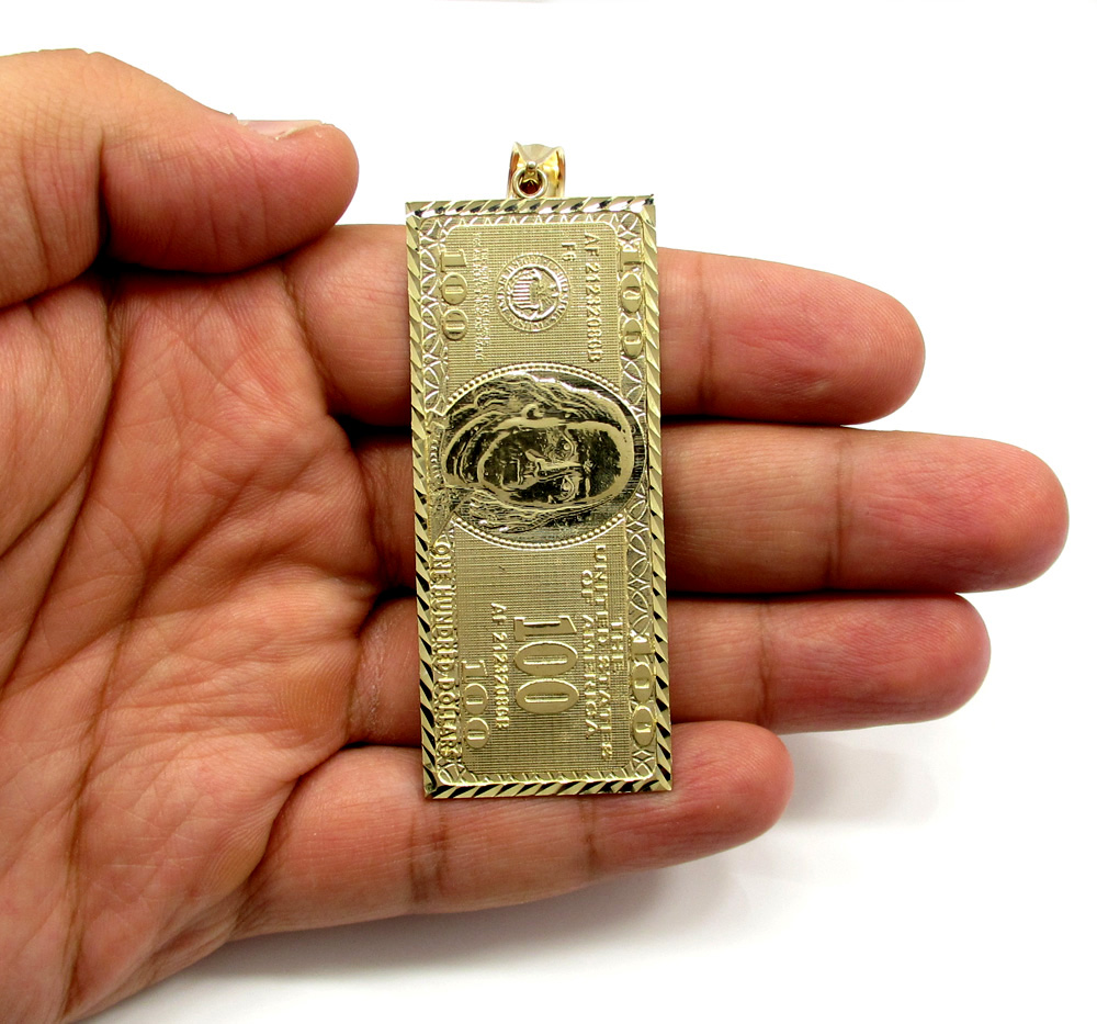 10k yellow gold large hundred dollar bill plate large pendant 