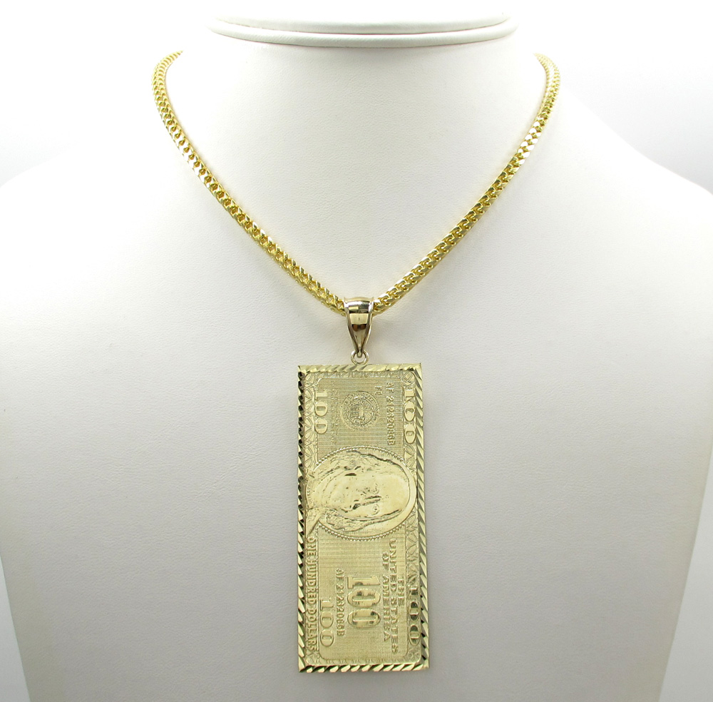 10k yellow gold large hundred dollar bill plate large pendant 