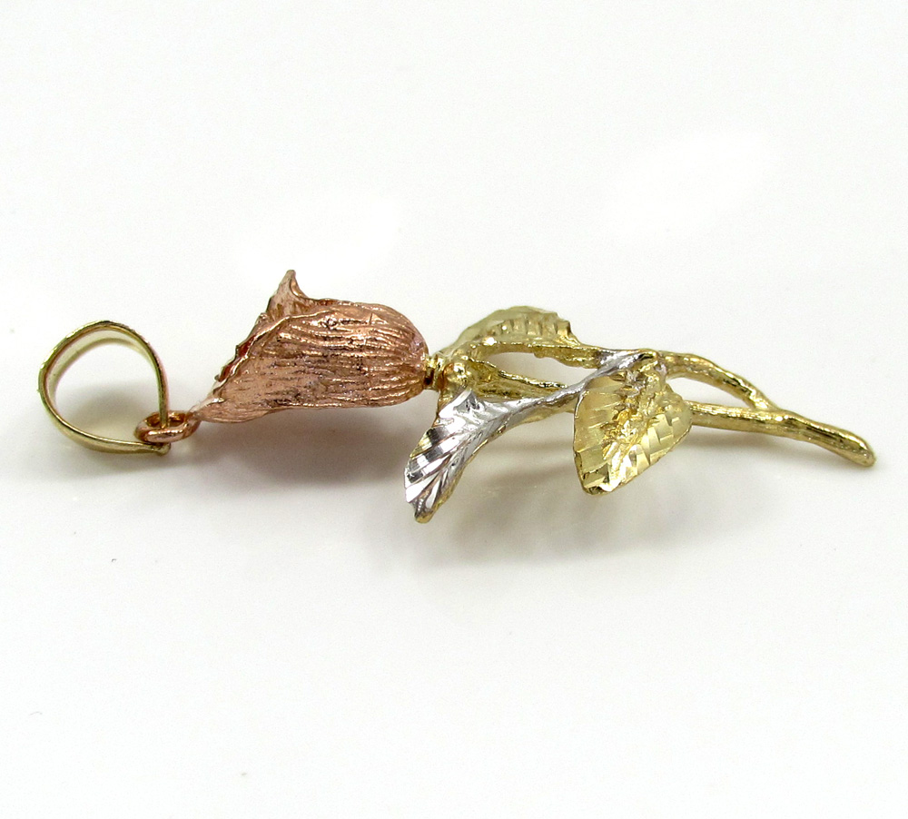 14k yellow gold medium three tone rose flower pendant 