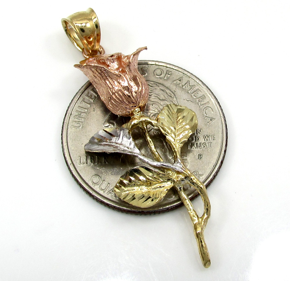 14k yellow gold medium three tone rose flower pendant 