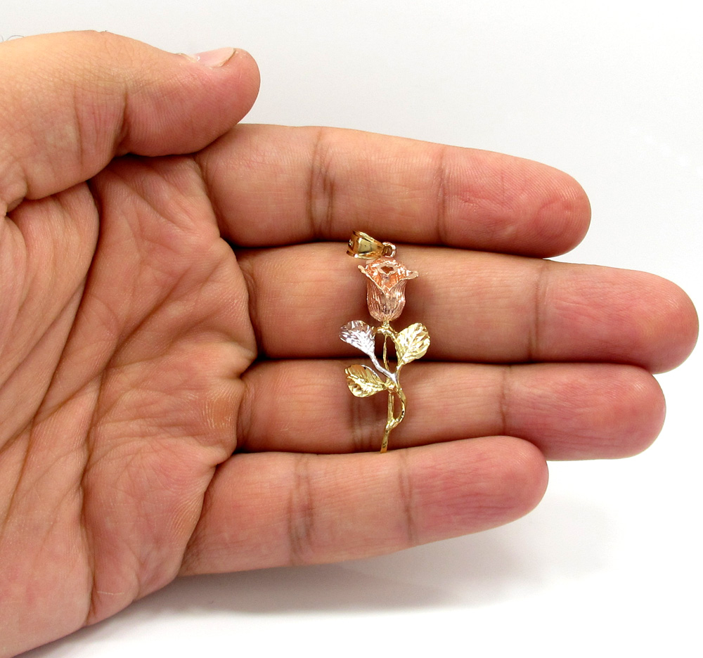 14k yellow gold medium three tone rose flower pendant 