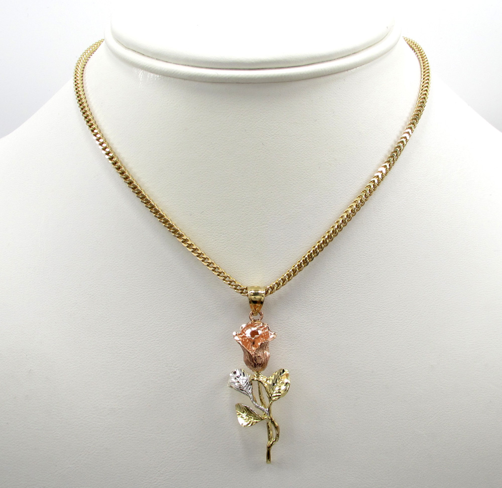 14k yellow gold medium three tone rose flower pendant 