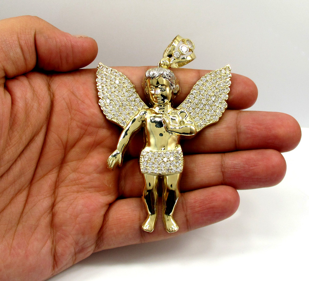 10k yellow gold large angel baby cherub cz pendant 0.90ct - Image 5
