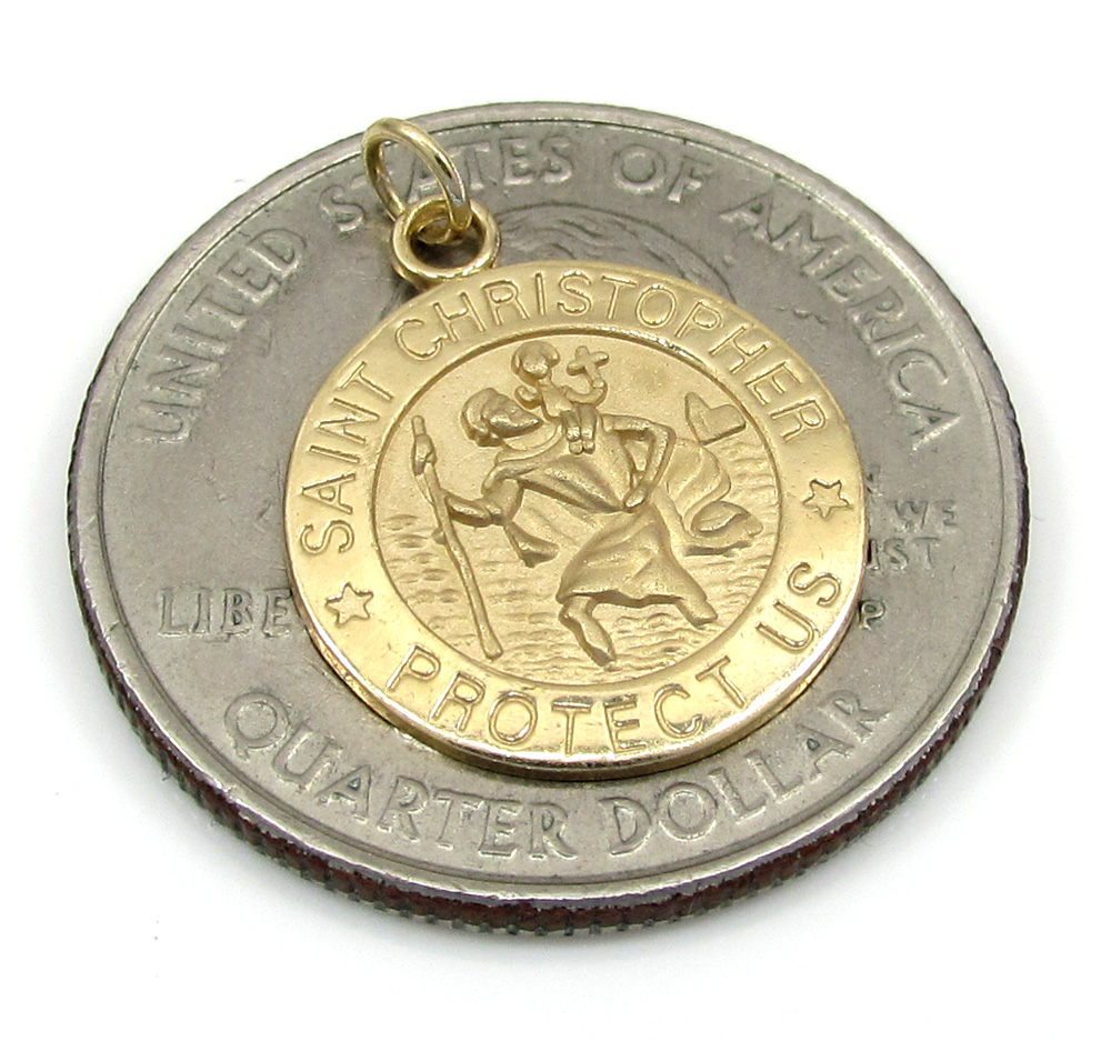 14k yellow gold mini saint christopher protect us coin pendant 