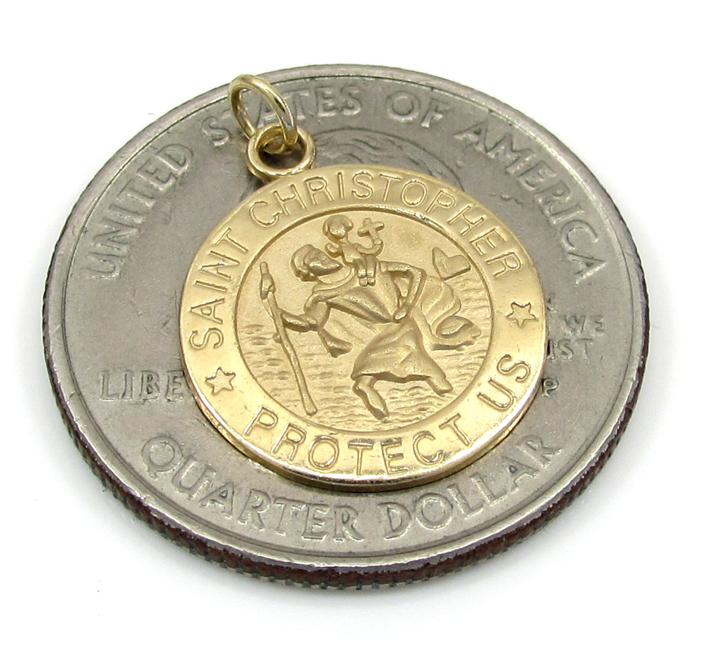 14k yellow gold mini saint christopher protect us coin pendant  - Image 3