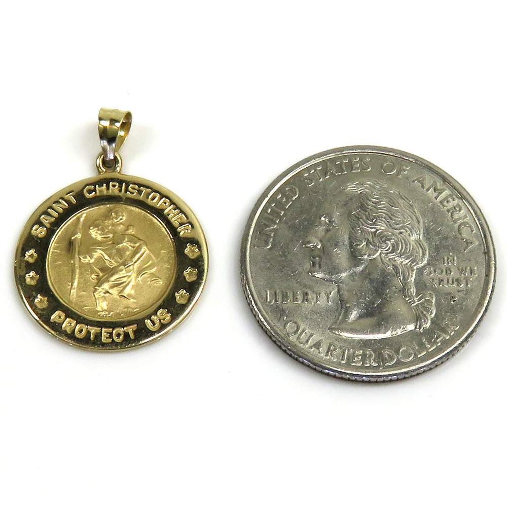 14k yellow gold mini saint christopher protect us coin pendant 
