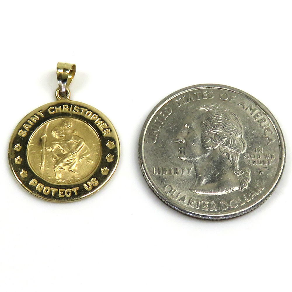 14k yellow gold mini saint christopher protect us coin pendant  - Image 5