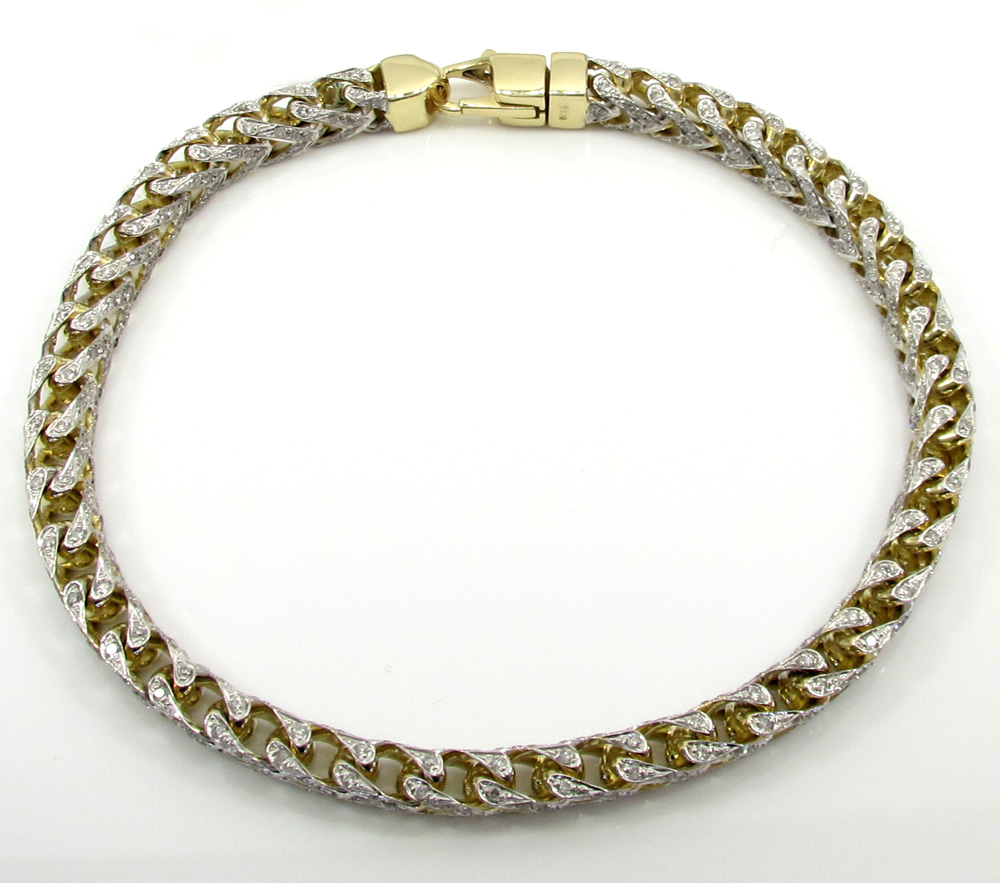 10k yellow gold two tone fully iced diamond franco bracelet 9 inch 5.2mm
