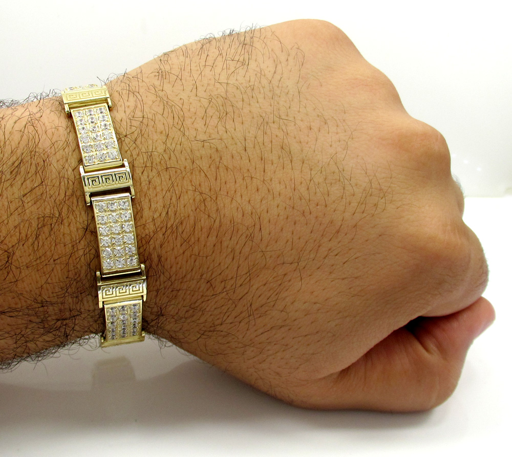 10k yellow gold medium 3x6 iced out cz fancy maze bracelet 4.50ct